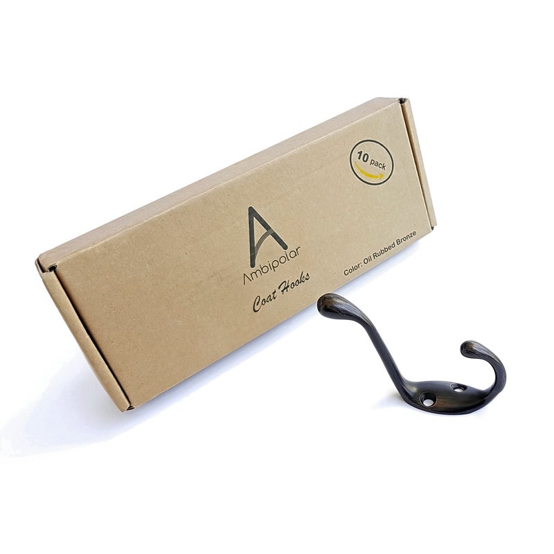 Ambipolar Heavy Duty Metal Decorative Dual Coat Hook Type-2 / Hat Hook - Wall Mounted (0.7" Screws Included), Wall Hook, Double Coat Hanger, 10 Pack (Oil Rubbed Bronze). - Image 3